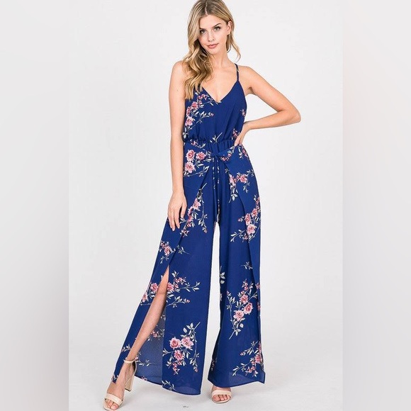 13703 Blue Floral Tie Waist Pocket Jumpsuit main image 1